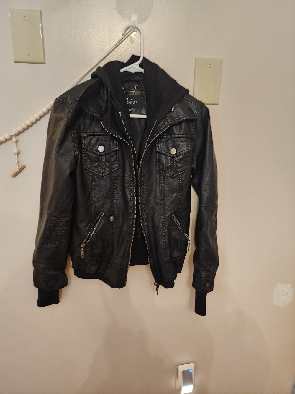 Black Faux Leather Hooded Jacket - Women's Casual Moto Style